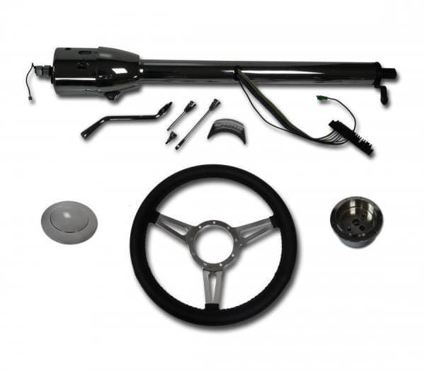 30" Street / Hot Rod Chrome Stainless Column Shift Tilt Steering Column with 3 Spoke GT Wheel Kit SC7002C-SPKBLK