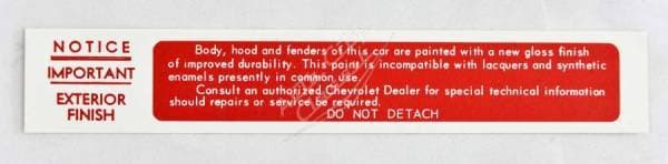 1958 Chevrolet Exterior Finish Firewall Lacquer Decal