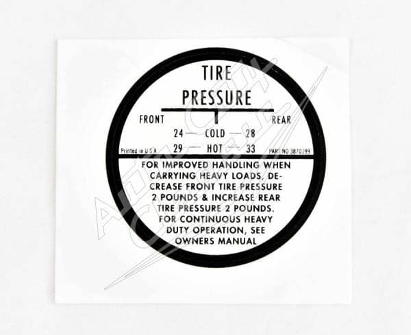 1958 Chevrolet Tire Pressure Inflation Decal