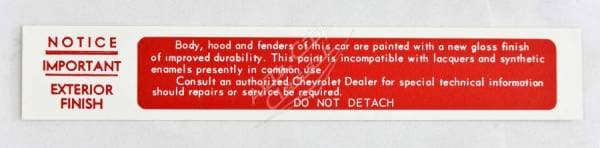 1958 Chevrolet Exterior Finish Firewall Lacquer Decal