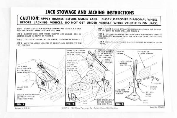 1958 Chevrolet Passenger Cars Jacking Instruction Sheet