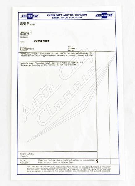 1958 Chevrolet Blank Factory Window Sticker