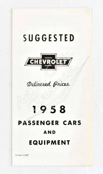 1958 Chevrolet Passenger Cars Delivered Price Brochure