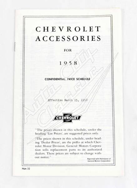 1958 Chevrolet Dealer Accessories Price Brochure